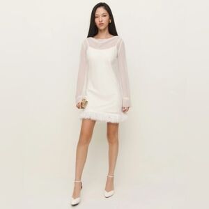 Reformation Tetty Dress White Long Sleeve Feather Hem Dress Size 0 NWT